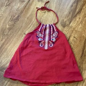 Red embroidered halter top boho hippie chick medium tie neck shirt